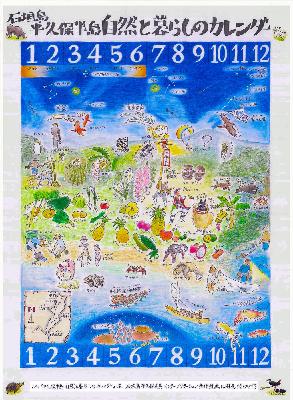 石垣島平久保半島 自然と暮らしのカレンダー。1月から12月まで、星座・風・作物・行事・生きものを1枚にまとめた手描きの図
